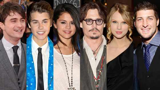 Tim Tebow, Taylor Swift, Selena Gomez, Justin Bieber, Johnny Depp, Daniel Radcliffe Tim Tebow, Taylor Swift, Selena Gomez, Justin Bieber, Johnny Depp, Daniel Radcliffe